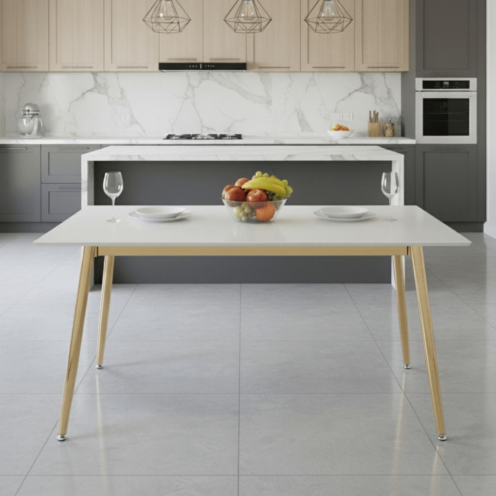 Zayle Rectangular Dining Table with a Stintered Stone Tabletop and a Stainless Steel Base