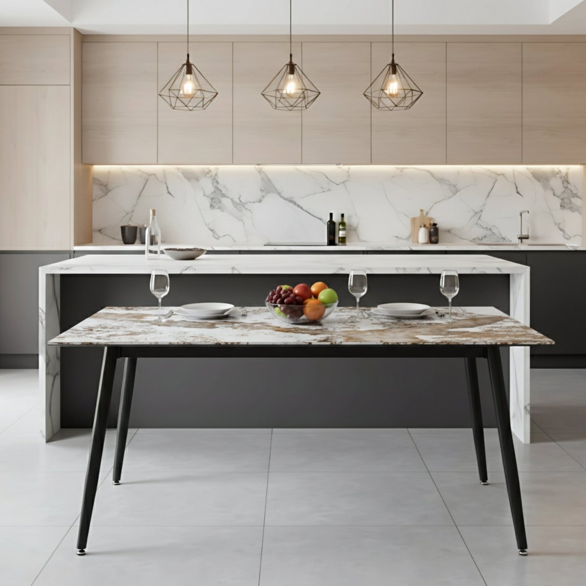 Zayle Rectangular Dining Table with a Stintered Stone Tabletop and a Stainless Steel Base