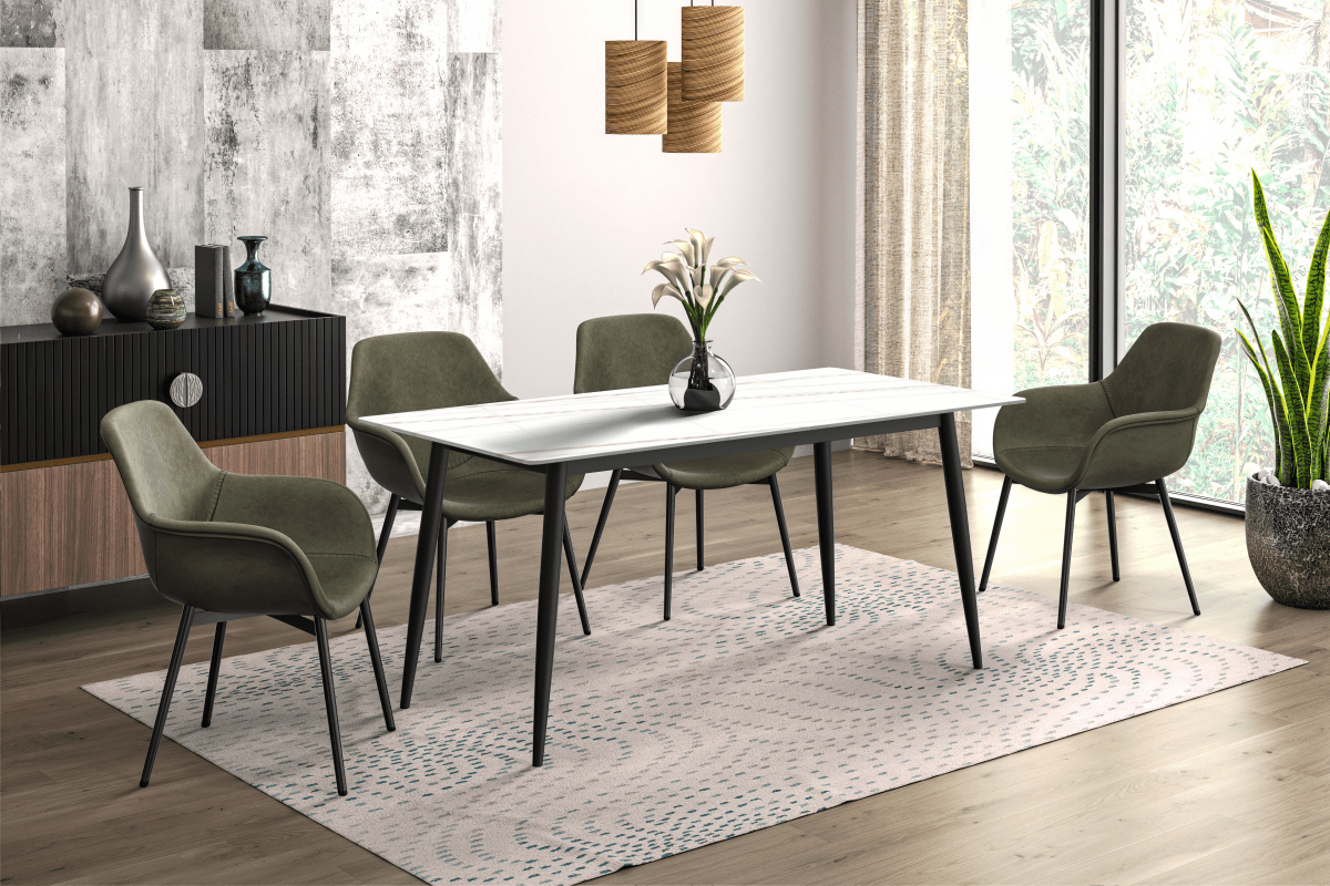 Zayle Rectangular Dining Table with a Stintered Stone Tabletop and a Stainless Steel Base