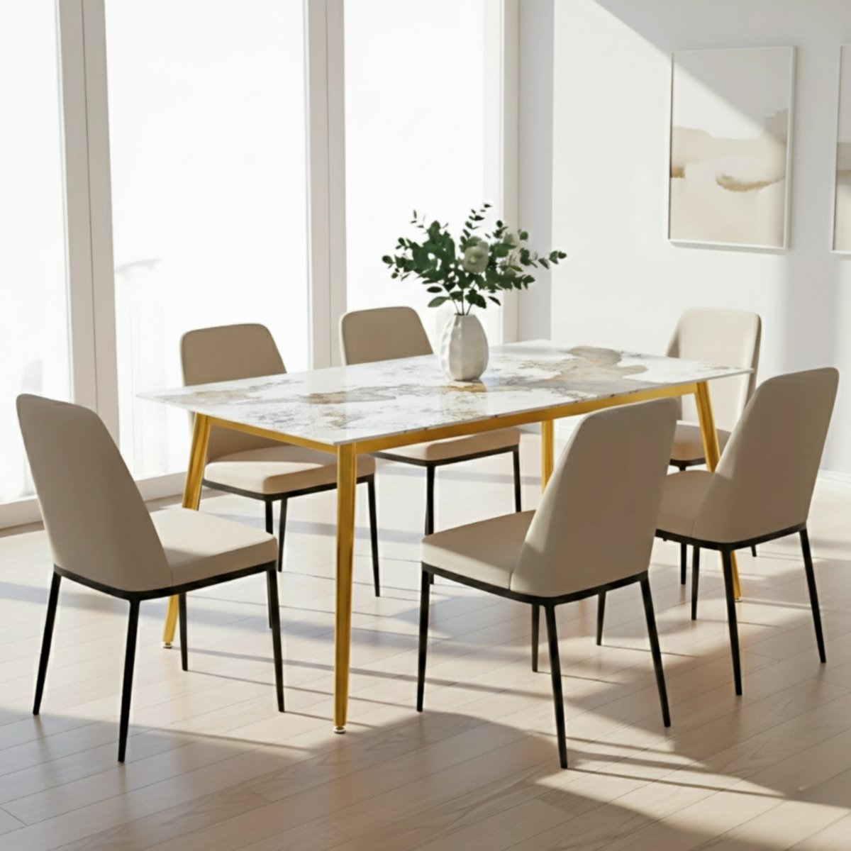 Zayle Rectangular Dining Table with a Stintered Stone Tabletop and a Stainless Steel Base