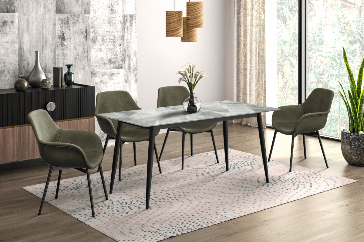 Zayle Rectangular Dining Table with a Stintered Stone Tabletop and a Stainless Steel Base