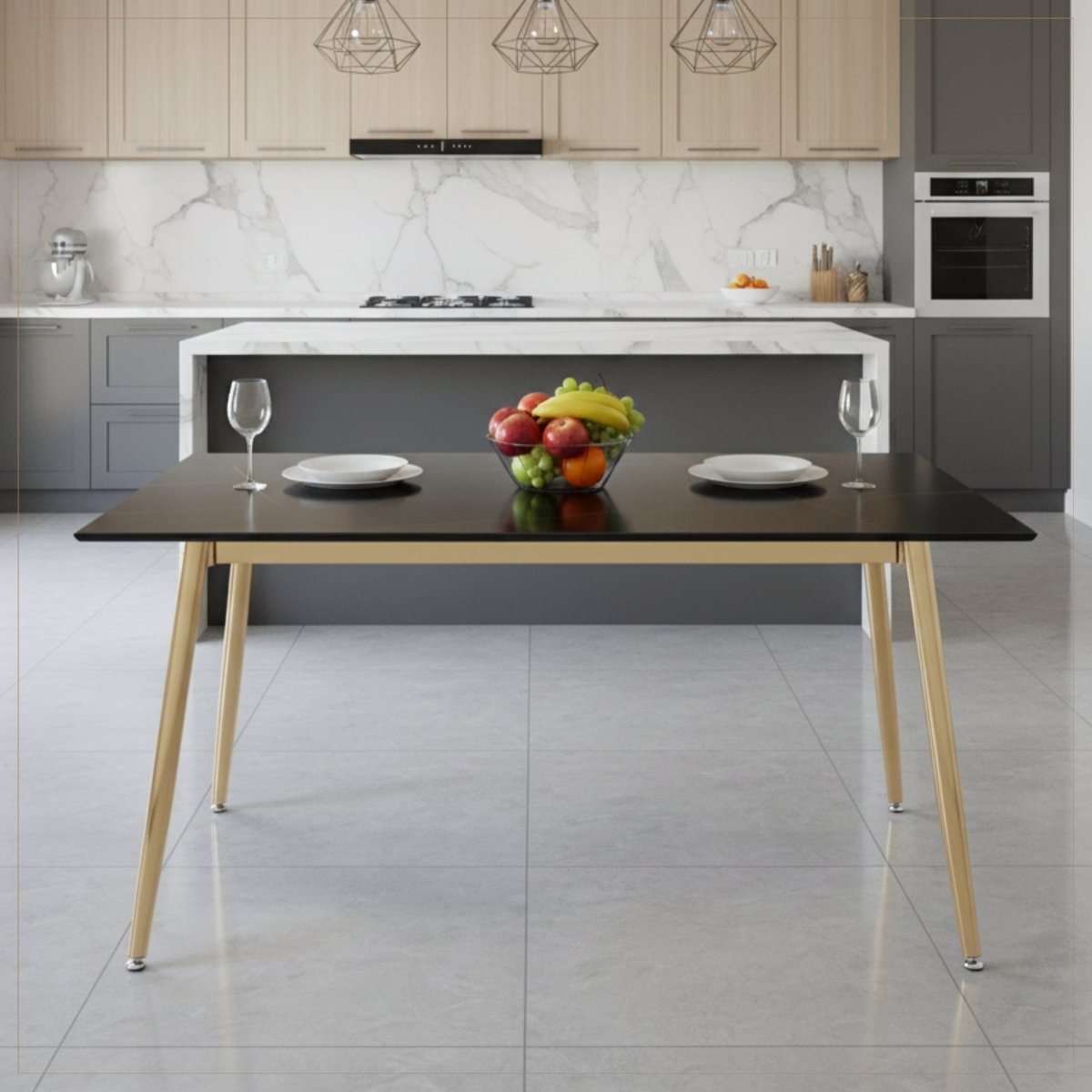 Zayle Rectangular Dining Table with a Stintered Stone Tabletop and a Stainless Steel Base