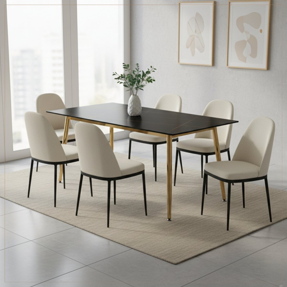 Zayle Rectangular Dining Table with a Stintered Stone Tabletop and a Stainless Steel Base