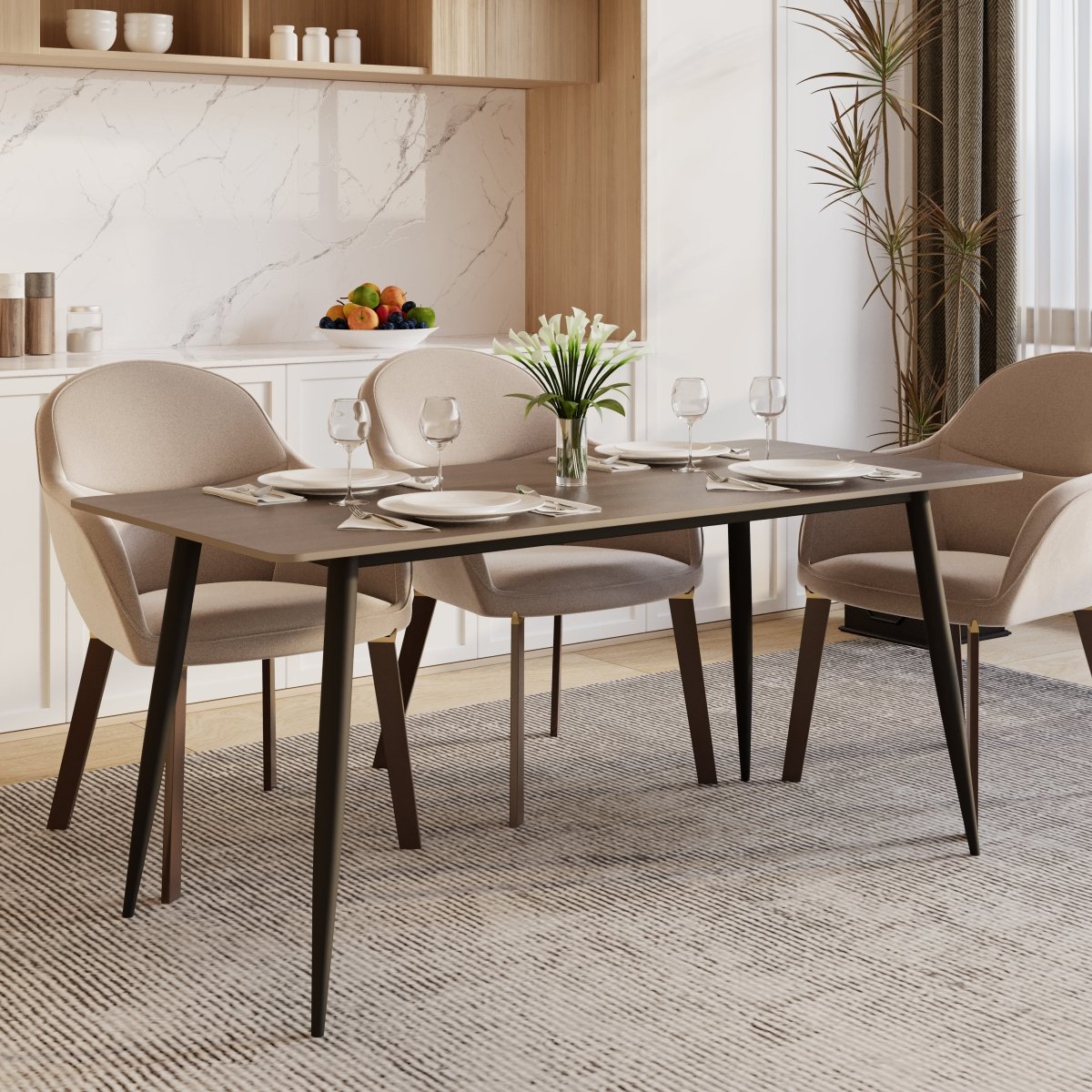 Zayle Rectangular Dining Table with a Stintered Stone Tabletop and a Stainless Steel Base