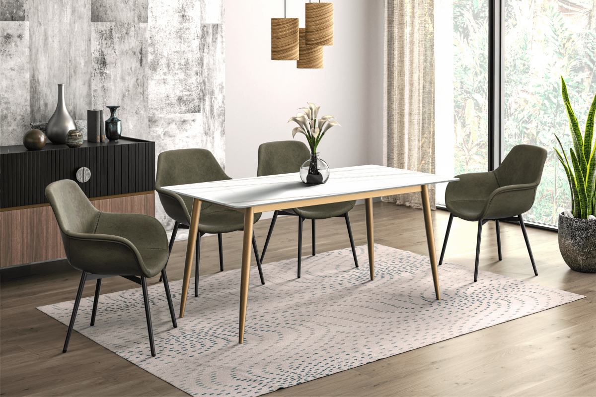 Zayle Rectangular Dining Table with a Stintered Stone Tabletop and a Stainless Steel Base