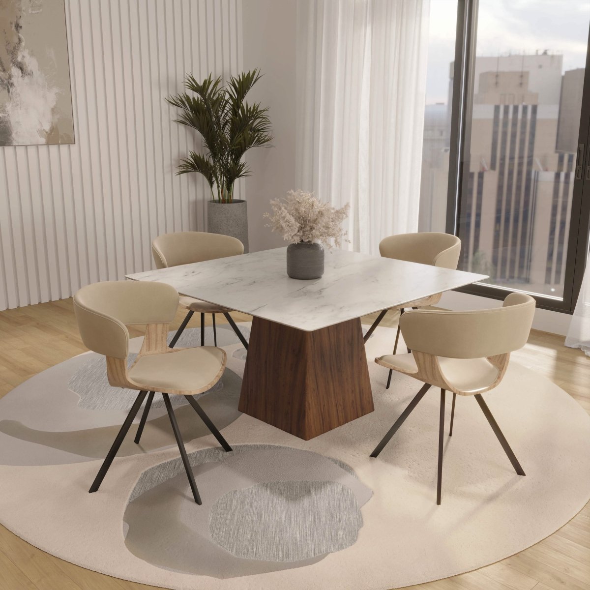 Zephry 5 - Piece Dining Set with Square Dining Table White Sintered Stone Top and 4 Leather Dining Chairs