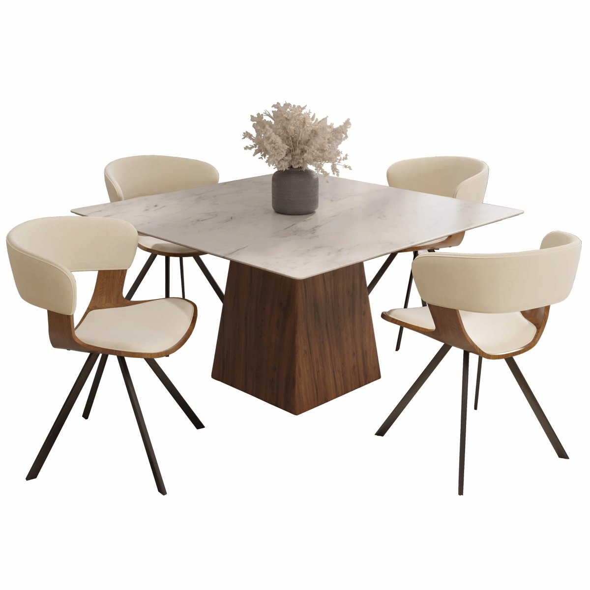 Zephry 5 - Piece Dining Set with Square Dining Table White Sintered Stone Top and 4 Leather Dining Chairs
