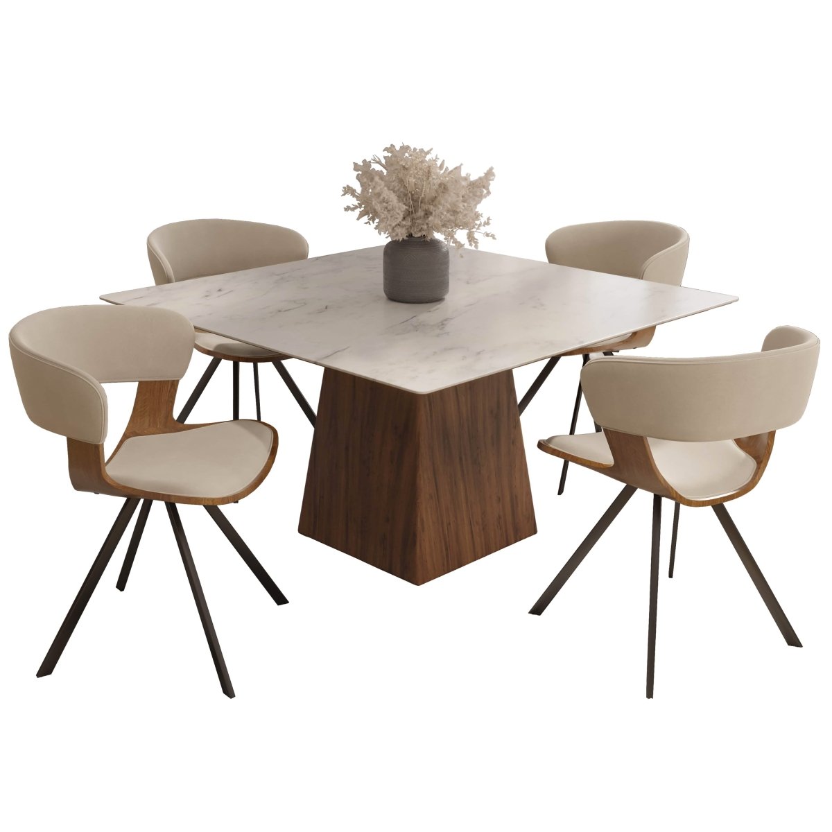 Zephry 5 - Piece Dining Set with Square Dining Table White Sintered Stone Top and 4 Leather Dining Chairs