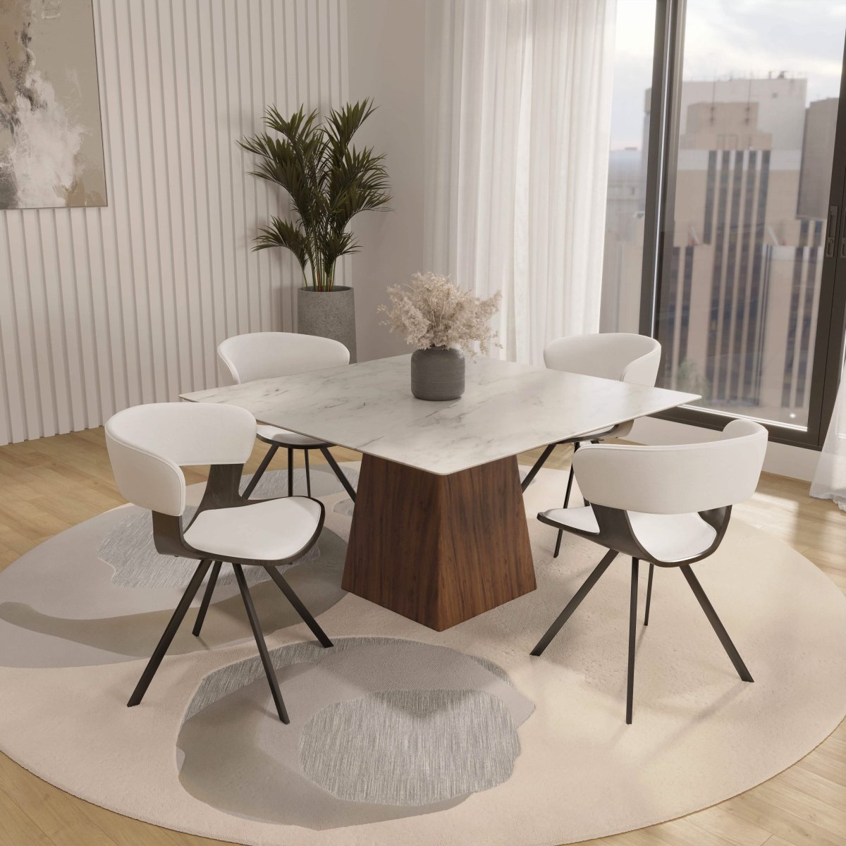 Zephry 5 - Piece Dining Set with Square Dining Table White Sintered Stone Top and 4 Leather Dining Chairs