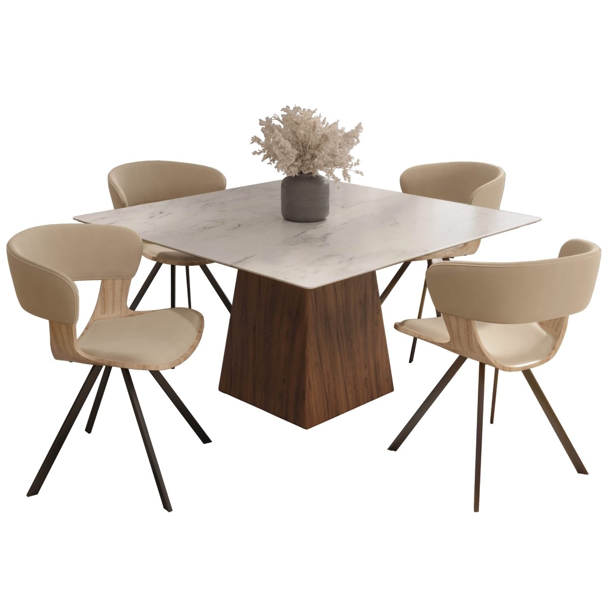 Zephry 5 - Piece Dining Set with Square Dining Table White Sintered Stone Top and 4 Leather Dining Chairs