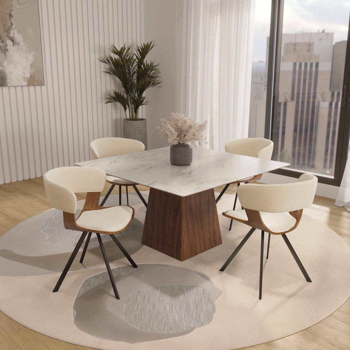 Zephry 5 - Piece Dining Set with Square Dining Table White Sintered Stone Top and 4 Leather Dining Chairs