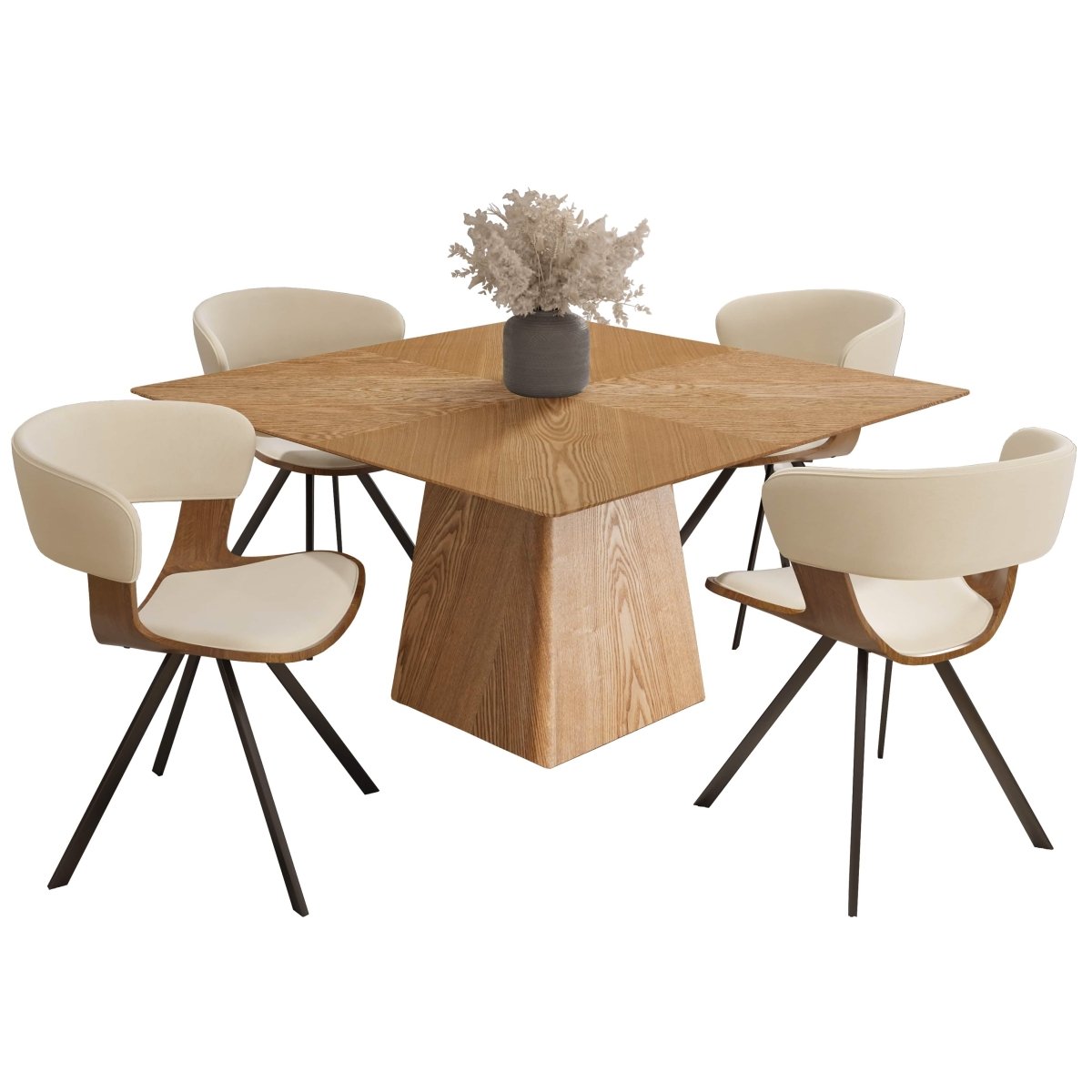 Zephry 5 - Piece Dining Set with Square Wooden Table in Natural Wood and 4 Leather Dining Chairs