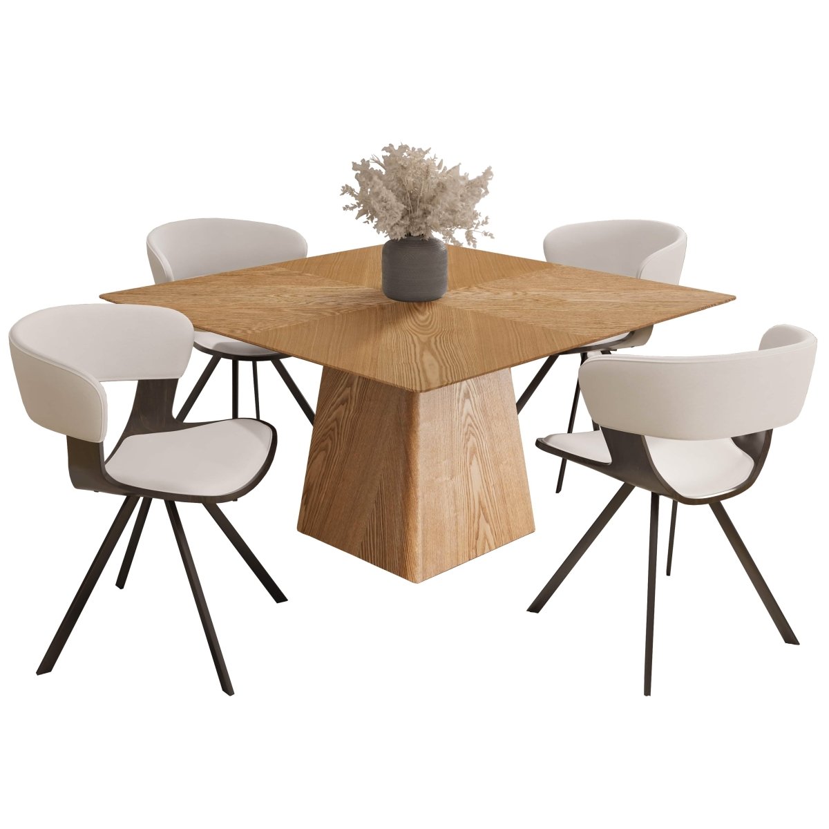 Zephry 5 - Piece Dining Set with Square Wooden Table in Natural Wood and 4 Leather Dining Chairs