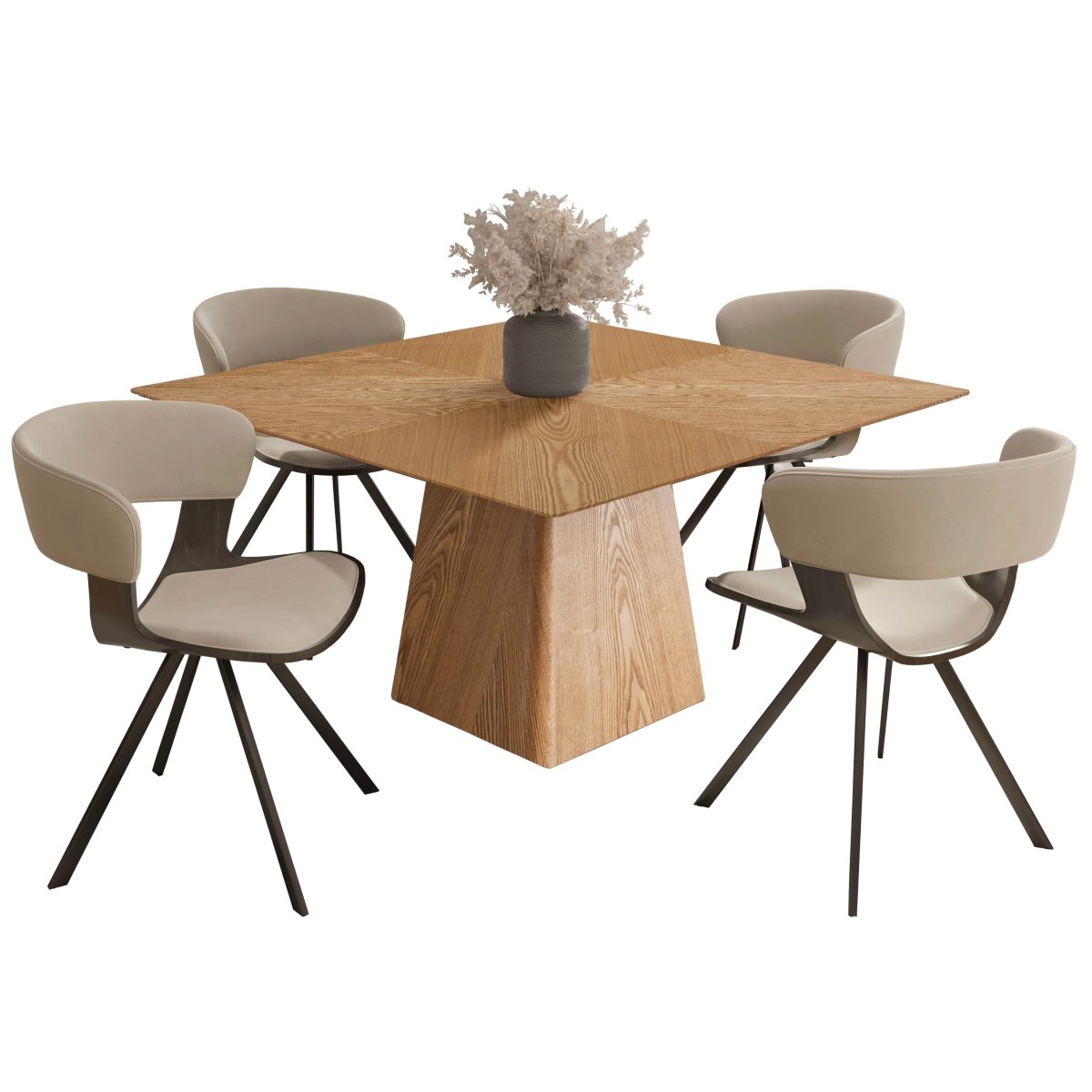 Zephry 5 - Piece Dining Set with Square Wooden Table in Natural Wood and 4 Leather Dining Chairs