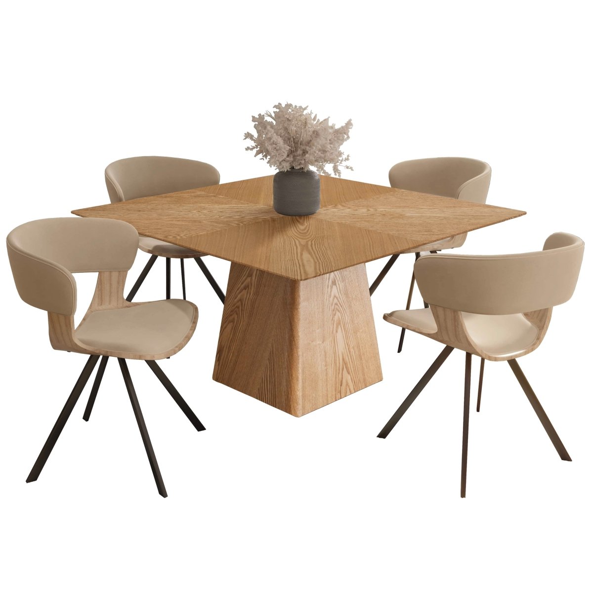 Zephry 5 - Piece Dining Set with Square Wooden Table in Natural Wood and 4 Leather Dining Chairs