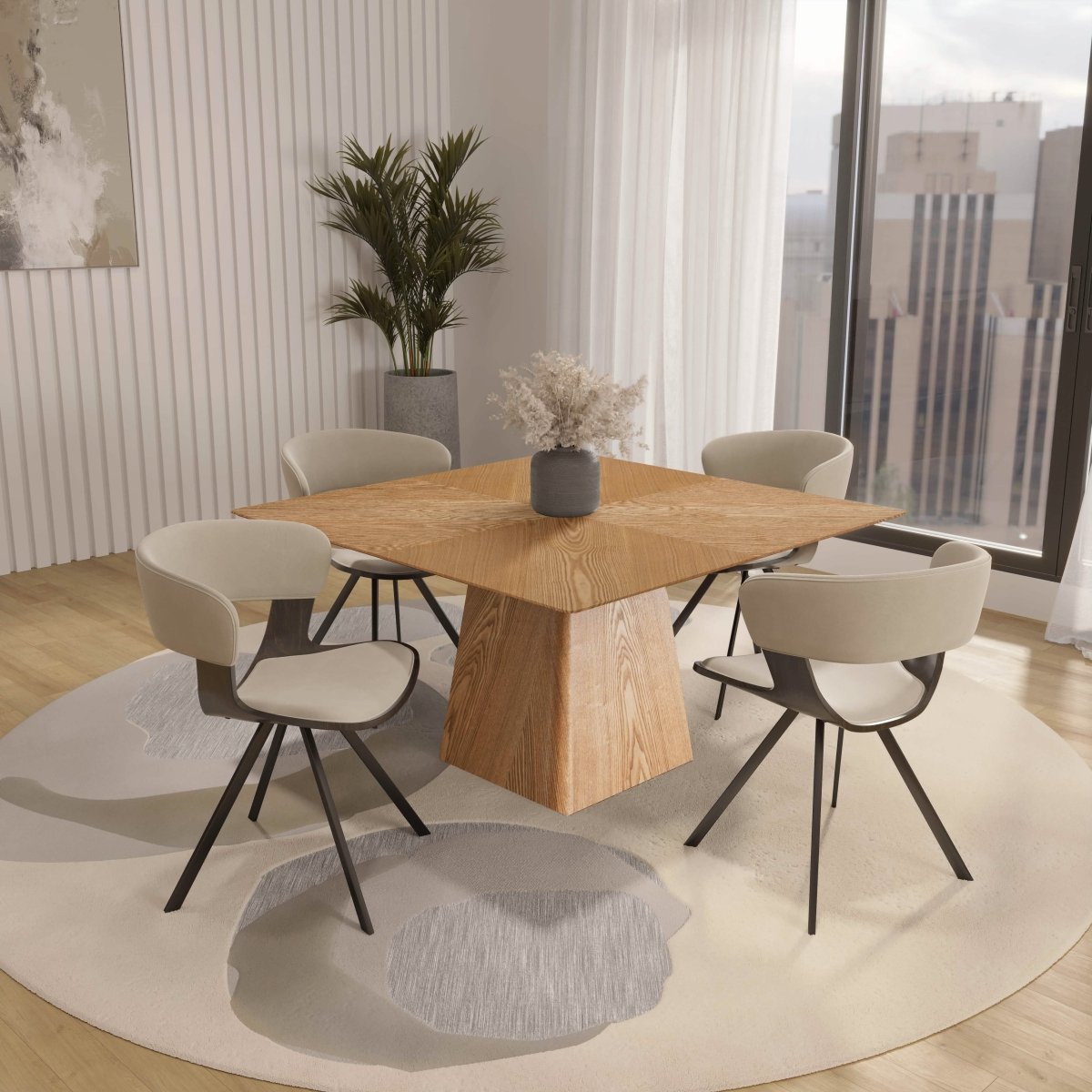 Zephry 5 - Piece Dining Set with Square Wooden Table in Natural Wood and 4 Leather Dining Chairs