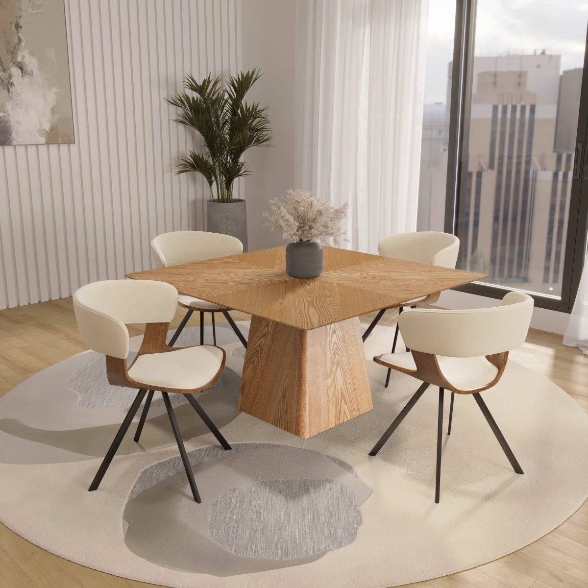 Zephry 5 - Piece Dining Set with Square Wooden Table in Natural Wood and 4 Leather Dining Chairs