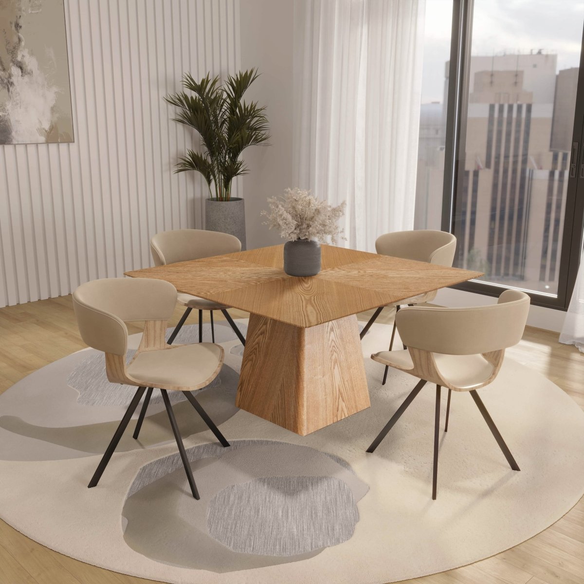 Zephry 5 - Piece Dining Set with Square Wooden Table in Natural Wood and 4 Leather Dining Chairs
