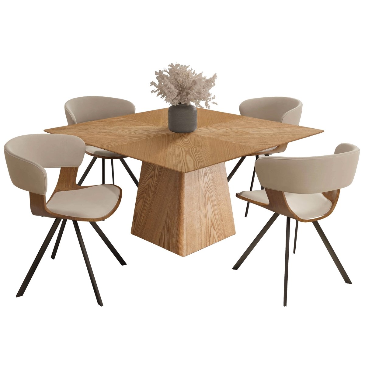 Zephry 5 - Piece Dining Set with Square Wooden Table in Natural Wood and 4 Leather Dining Chairs